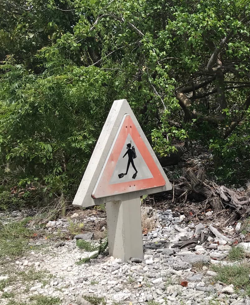 The diver crossing sign on the leeward coast road — repeated the entire length of the leeward coast