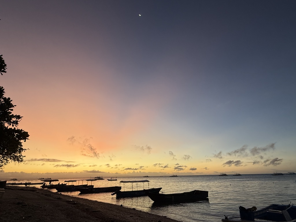 Pre-dawn on Malapascua beach — bangka fleet silhouetted against the orange sky before the Monad Shoal departure, crescent moon above